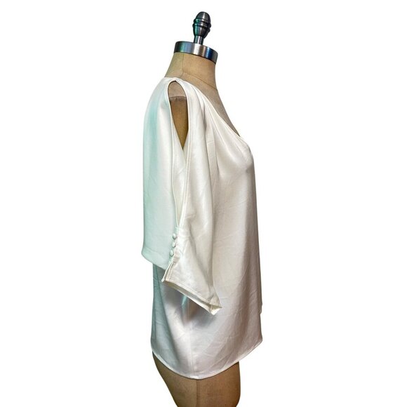 St. John Designer Ivory Satin Cold Shoulder Blouse With Button Detail Small - Picture 2 of 6